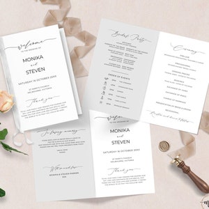 Plantilla de programa de boda minimalista Plantilla de programa de boda plegable Plantilla editable moderna Canva Tarjeta de programa plegada Minimalista Elegante MN04