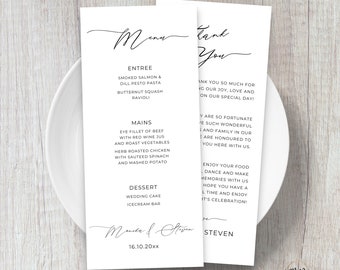 Thank you and Menu Template Download, Modern Wedding Menu Napkin Note, Menu Cards, Editable Menu Wedding DIY Menu Canva Minimalist MN04