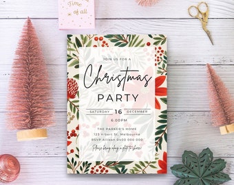 May include: A Christmas party invitation with a festive floral design. The invitation is white with a red and green floral pattern. The text on the invitation reads "Join us for a Christmas Party, Saturday 16 December, 6:00 PM, The Parker's Home, 123 Albert St, Melbourne, RSVP Allison 0400 000 000, Please bring along a plate to share."