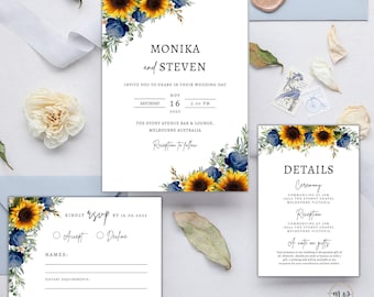Navy Sunflowers Wedding Invitation Suite, Printable Rustic Wedding Invite Set, Wedding Invite with Blue Yellow Flowers, Editable NY001