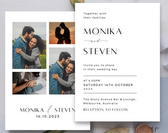 Convite de casamento com fotos, convite de casamento com fotos, modelo de convite de casamento minimalista, colagem de fotos de convite de casamento minimalista MN02