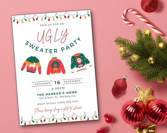 May include: A white invitation card with a red and green Christmas theme. The text reads "Join us for an Ugly Sweater Party" with a date and time of Saturday, December 16th at 6:00 PM. The location is "The Parker's Home, 123 Albert St. Melbourne". The RSVP information is "Allison 0400 000 000". The invitation ends with "Please bring along a plate to share."
