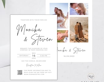 Printable Wedding Invitation with Photo, Photo Collage Wedding Invitation, Modern Wedding Invite, Wedding Invitation with QR Code - MPMN003