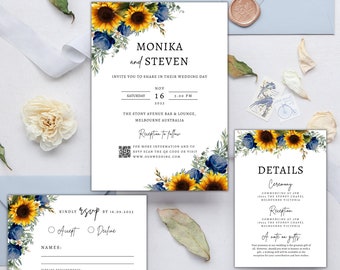 Wedding Invitation Canva with QR Code, Yellow Wedding Invite Suite, Navy Sunflowers Invite Set, Wedding Invitation Canva Template NY001