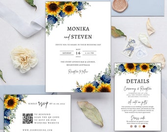 May include: Wedding invitation suite with sunflowers and blue flowers. The invitation card features the names Monika and Steven, the date November 16, 2023, and the time 5:00 PM. The details card includes information about the ceremony and reception, a note on gifts, and a dress code.