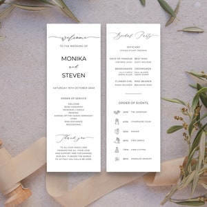 May include: A wedding ceremony programme with a white background and black text. The programme includes the names of the bride and groom, Monika and Steven, the date of the wedding, and the order of service. The programme also includes a list of the bridal party members and the order of events for the wedding reception.