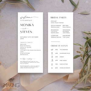 Minimalist Wedding Program Template Slim Order of Service Printable Long Ceremony DIY Church Program Card with Icons Instant Download MN02
