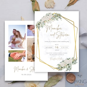 May include: Wedding invitation with a gold geometric frame and white floral accents. The invitation reads "Monika and Steven" with the date "November 16, 2023" and time "5:00 PM". The venue is "The Stony Avenue Bar & Lounge, Melbourne Australia".