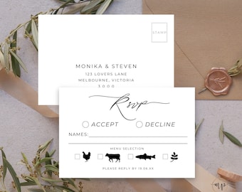 RSVP Card with Meal Choice, Printable RSVP with Menu Selection, Details Card Instant Download, Minimalist Wedding, Canva Template MN04