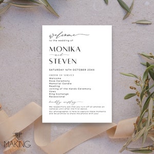 May include: A wedding ceremony order of service card with the names Monika and Steven, the date Saturday 16th October 20XX, and a list of the ceremony events.