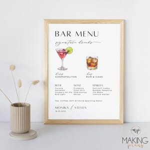 Wedding Bar Menu Sign Signature Drinks Canva Template Instant Download His and Hers Cocktails Minimalist Signage Reception Beverages MN02