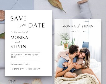 Plantilla minimalista moderna para guardar la fecha con foto, imprimible, descarga instantánea, plantilla editable de Canva, boda minimalista MN02