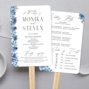 Bruiloftsprogrammawaaier met pictogrammen afdrukbare sjabloon Orde van dienst kerkceremonie blauwe bloemen programmacanva sjabloon stofblauwe toile BF01