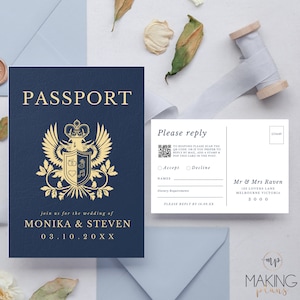 Suite d’invitation de mariage passeport, modèle d’invitation de destination minimaliste moderne, mariage à thème de voyage, invitation de passeport plié PP01