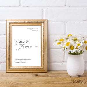In luogo di favori segno elegante tavolo ricevimento matrimonio segnaletica minimalista stampabile modello Canva donazione benefica 5x7 8x10 carta regalo MN04