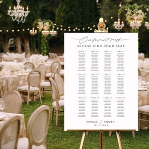 Può includere: Un tableau de mariage bianco su un cavalletto dorato, con il testo "Our favourite people, PLEASE FIND YOUR SEAT." Il grafico elenca i nomi sotto i numeri dei tavoli. Il matrimonio è all'aperto.