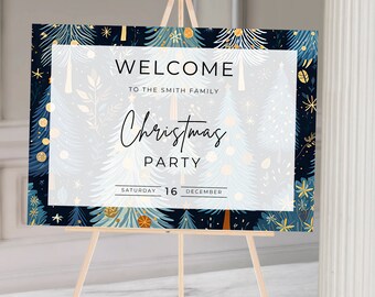 May include: Welcome to the Smith Family Christmas Party on Saturday, December 16th. The sign features a blue and gold Christmas tree design.