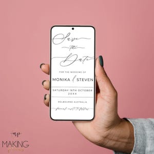May include: A smartphone displays a wedding "Save the Date" card. The card features elegant cursive text with the names Monika and Steven, the date, and location. The phone is held against a pink background.