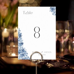 Blue Toile Table Number Template Dusty Blue Wedding Sign Printable French Chinoiserie De Jouy Flower Reception Signage Instant Download BF01