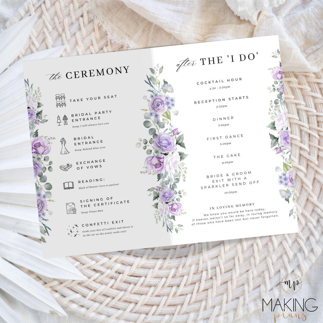 Wedding Timeline Program With Icons, Lavender Sage Folded Order of ...