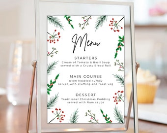 Printable Christmas Menu, Holiday Menu, Holiday Menu Card, Christmas Menu Template, Christmas Greenery, Menu Card, Instant Download - CH002