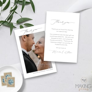 Nota de agradecimiento con collage de fotos, tarjetas de agradecimiento de boda con imágenes, agradecimiento de boda minimalista, plantilla editable imprimible, descarga MN04