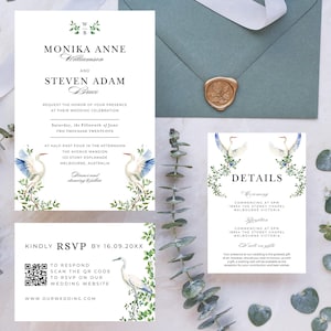 May include: Wedding invitation with white cranes and green foliage. The invitation includes the names Monika Anne Williamson and Steven Adam Bruce, the date Saturday, the Fifteenth of June, Two Thousand Twenty-Five, and the time Half-Past Four in the Afternoon. The venue is The Avenue Mansion, 123 Stony Esplanade, Melbourne, Australia. The invitation also includes details about the ceremony and reception, which will be held at The Stoney Chapel, Melbourne, Victoria. The invitation includes a QR code to RSVP on the wedding website, www.ourwedding.com.