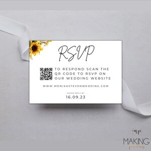 May include: A white RSVP card with a sunflower design and a QR code. The text reads "RSVP" in cursive, "To respond scan the QR code to RSVP on our wedding website", "www.monikastevenwedding.com", "Please reply by 16.09.23", and "mp MAKING plans".