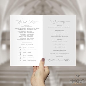 Puede incluir: Un orden de eventos de la ceremonia de boda e información sobre la fiesta nupcial. La ceremonia incluye un preludio, una procesión, una oración de apertura, lecturas, el intercambio de votos, el intercambio de anillos, la carga del matrimonio, la presentación de la novia y el novio, y la recesión. La fiesta nupcial incluye al oficiante, los padres de la novia y el novio, la dama de honor, el padrino, las damas de honor, los padrinos, la niña de las flores y el portador de anillos. El orden de los eventos incluye la ceremonia, la hora del champán, la cena, el primer baile, el corte del pastel y la despedida con fuegos artificiales.