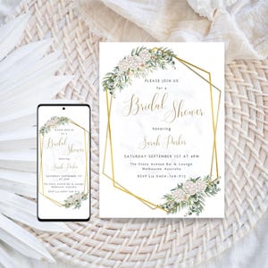 May include: Bridal shower invitation with floral and geometric design. The invitation features the text "Please join us for a Bridal Shower honoring Sarah Parker" in elegant script. A smartphone displays the same invitation.