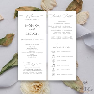 May include: A wedding program with elegant calligraphy. The left panel welcomes guests to the wedding of Monika and Steven, listing the order of service. The right panel details the bridal party and event schedule, including the ceremony, dinner, and first dance.