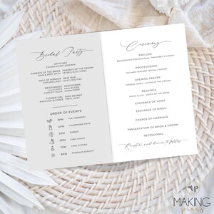 May include: A wedding ceremony order of events and bridal party information card. The card is printed on white paper with black text. The card is folded in half and the front of the card has the title "Bridal Party" and the back of the card has the title "Ceremony".