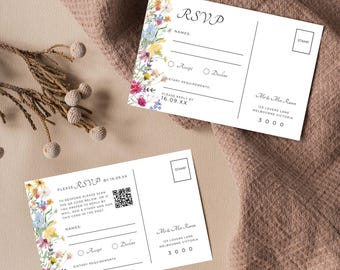 Rsvp Card Wildflower Wedding Garden Flowers Reply Postcard Boho Floral Response Insert Invite Enclosure Canva Template Instant Download WF02