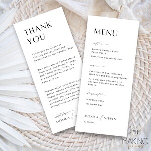 Menú moderno y tarjeta de agradecimiento Menú de boda minimalista Servilleta Nota de agradecimiento Menú de boda Plantilla Canva Imprimible Descarga instantánea 5x7 MN02