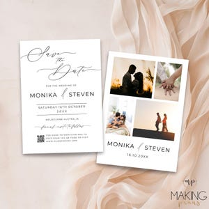 May include: Two white wedding announcement cards. One card says "Save the Date" with the names Monika & Steven, date, and location. The other card has photos and the names Monika & Steven with the date. The cards are on a light beige background.