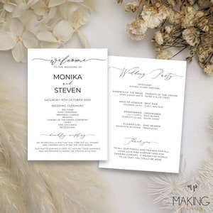 May include: A wedding program with a minimalist design. The names of the couple, Monika and Steven, are displayed in elegant script. The program includes the wedding date, ceremony details, wedding party, and a thank you message.