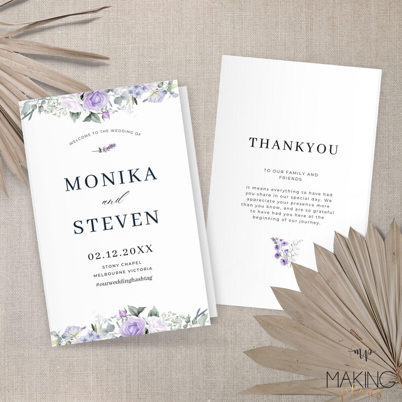 Wedding Timeline Program With Icons, Lavender Sage Folded Order of ...