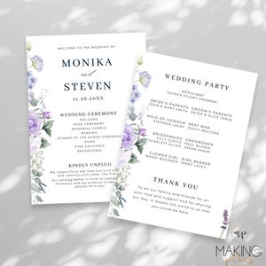 May include: Two white wedding programme cards featuring purple floral illustrations of roses and lavender. The text includes the names Monika and Steven, the date 11.26.20XX, a wedding ceremony schedule, a wedding party list, and a thank you message.