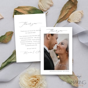 Nota de agradecimiento con collage de fotos, tarjetas de agradecimiento de boda con imágenes, agradecimiento de boda minimalista, plantilla editable imprimible, descarga MN04