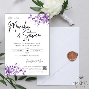 Könnte beinhalten: Eine Hochzeitseinladung mit violetten Blumenmustern. Die Einladung ist für die Hochzeit von Monika und Steven am Samstag, den 16. November 2023 um 17:00 Uhr. Der Empfang findet anschließend im 643 The Avenue, Melbourne statt. Die Einladung enthält einen QR-Code für weitere Informationen und zur RSVP.