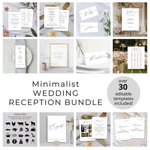 Può includere: Una collezione di modelli di cancelleria minimalista per ricevimenti di nozze. Include cartelli di benvenuto, segnaposto, menu, numeri di tavolo e biglietti di ringraziamento. Il pacchetto presenta un'elegante calligrafia e un design pulito e moderno. Il testo "Minimalist Wedding Reception Bundle" è visualizzato.