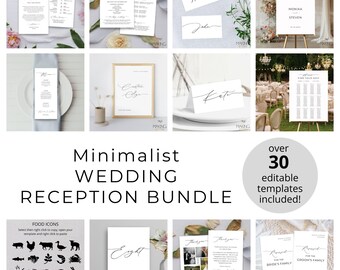 Könnte beinhalten: Eine Sammlung minimalistischer Hochzeits-Empfangspapeterie-Vorlagen. Enthält Willkommensschilder, Tischkarten, Menüs, Tischnummern und Dankeskarten. Das Bundle zeichnet sich durch elegante Kalligraphie und ein klares, modernes Design aus. Der Text "Minimalist Wedding Reception Bundle" wird angezeigt.