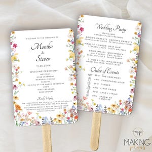 May include: Two wedding program fans with floral borders and wooden handles. The left fan reads "Welcome to the Wedding of Monika & Steven" with ceremony details. The right fan lists the wedding party and order of events.