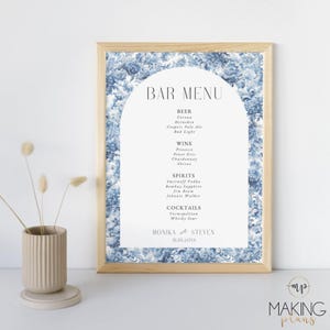 Chinoiserie Bar Sign Wedding Bar Menu Signage Cocktail Beverages Reception Sign Vintage Blue Flowers Template Instant Download BF01