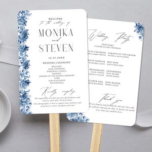 Blauwe bloemen bruiloft paddle-programma stoffige blauwe toile fanprogramma volgorde van dienst kerkceremonie kaartsjabloon afdrukbare programma fan BF01