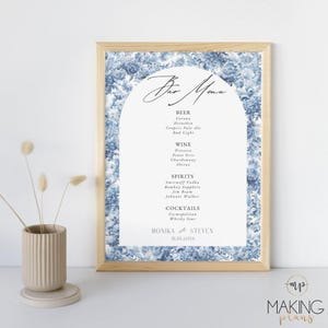 Wedding Bar Menu Sign Chinoiserie Canva Template Instant Download Cocktails Signage Reception Beverages Vintage Blue Flowers Toile BF01