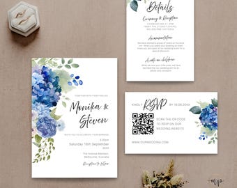 Blue Hydrangea Wedding Invitation Bundle Flowers Invitation Suite Floral Wedding Invites Set QR Code RSVP Printable Instant Download BH01
