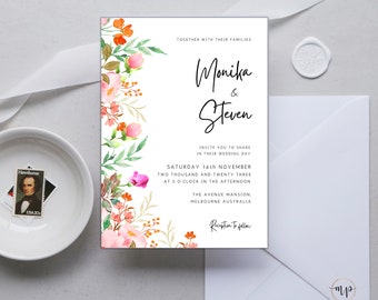 Wildflower Wedding Invitation Template, Boho Wedding Invitation Template, Editable Printable Invite, Floral, Instant Download  WF001