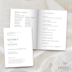 Modern Wedding Program Template, Foldable, Modern Wedding Program, Minimal Wedding Program, Folded Program Wedding Instant Download MN02