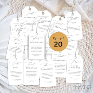 May include: A set of 20 white gift tags with black text and a string for hanging. Each tag features the word "First" and a special occasion like "Thanksgiving" or "Anniversary". The tags are designed for celebrations.